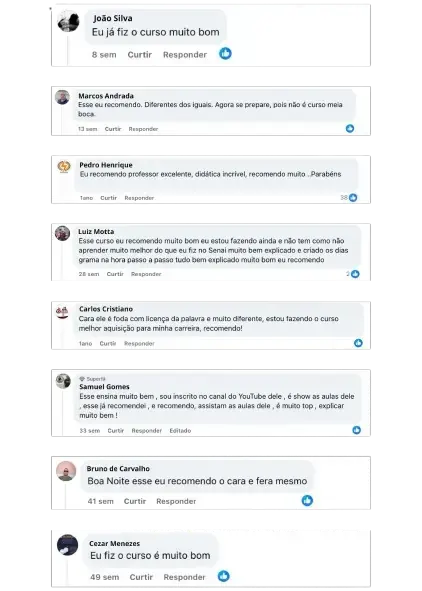 Comentários positivos de alunos sobre a formação profissional